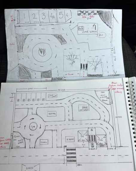Two hand-drawn maps showing layout of a road system and surrounding areas.