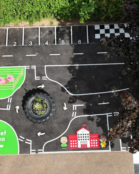 Aerial view of a children's play area featuring a roadway, building, and flowers.